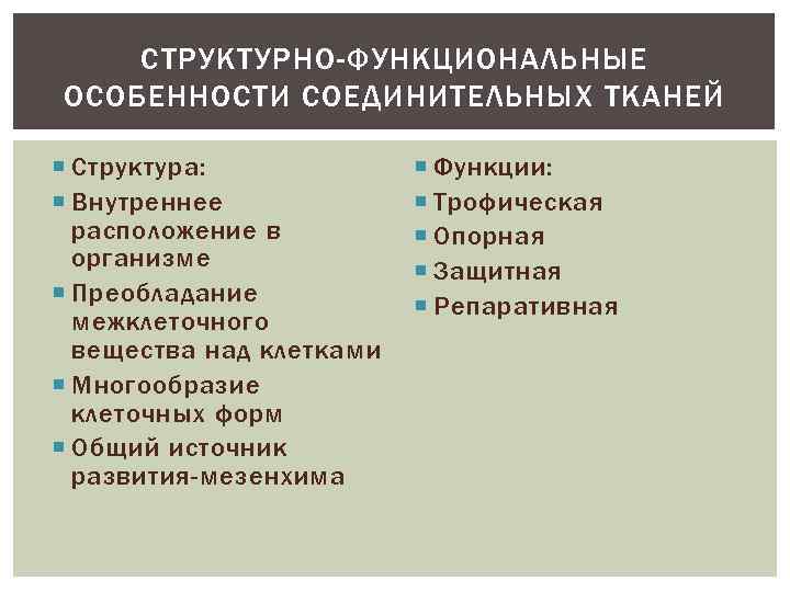 СТРУКТУРНО-ФУНКЦИОНАЛЬНЫЕ ОСОБЕННОСТИ СОЕДИНИТЕЛЬНЫХ ТКАНЕЙ Структура: Внутреннее расположение в организме Преобладание межклеточного вещества над клетками