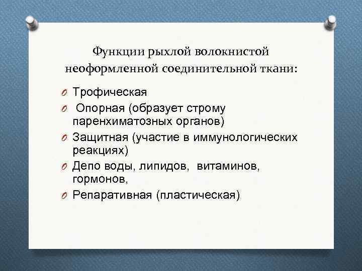 Функции рыхлой волокнистой неоформленной соединительной ткани: O Трофическая O Опорная (образует строму паренхиматозных органов)