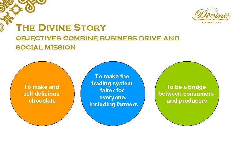 The Divine Story objectives combine business drive and social mission To make and sell