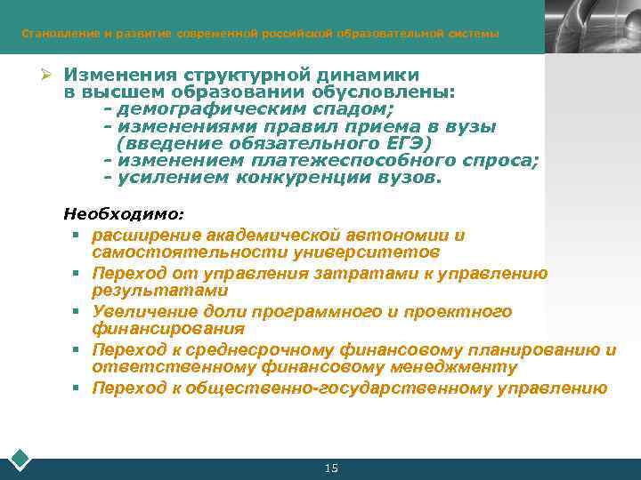 Становление и развитие современной российской образовательной системы LOGO Ø Изменения структурной динамики в высшем