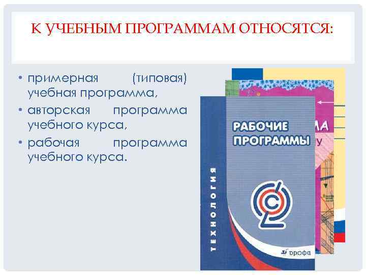 К УЧЕБНЫМ ПРОГРАММАМ ОТНОСЯТСЯ: • примерная (типовая) учебная программа, • авторская программа учебного курса,
