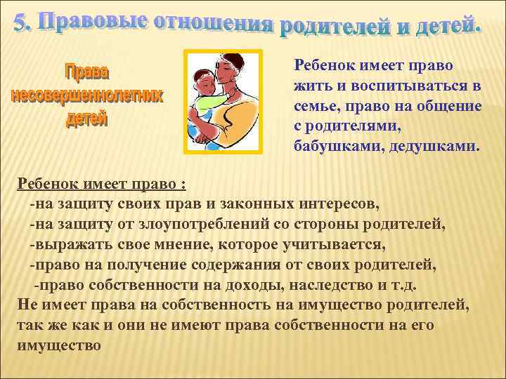 Ребенок имеет право жить и воспитываться в семье, право на общение с родителями, бабушками,