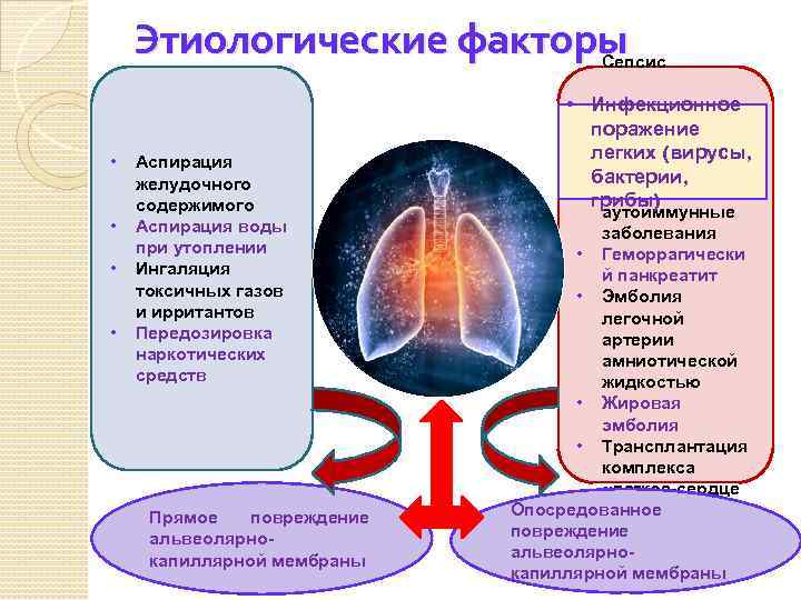 Этиологические факторы • Сепсис • • Аспирация желудочного содержимого Аспирация воды при утоплении Ингаляция