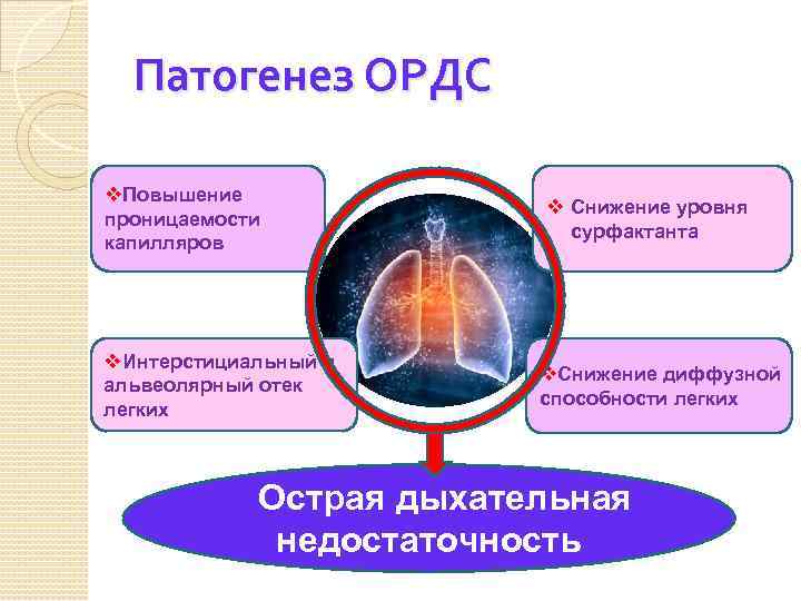 Патогенез ОРДС v. Повышение проницаемости капилляров v. Интерстициальный и альвеолярный отек легких v Снижение