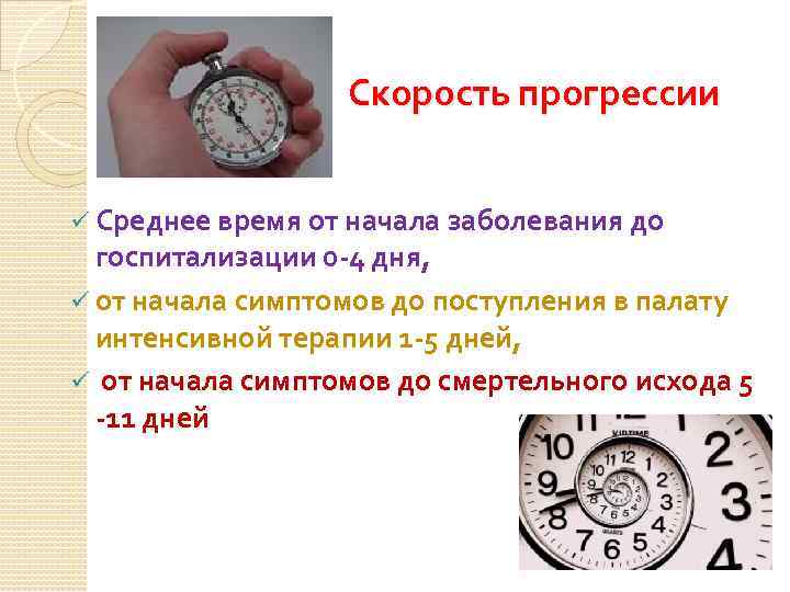 Скорость прогрессии ü Среднее время от начала заболевания до госпитализации 0 -4 дня, ü