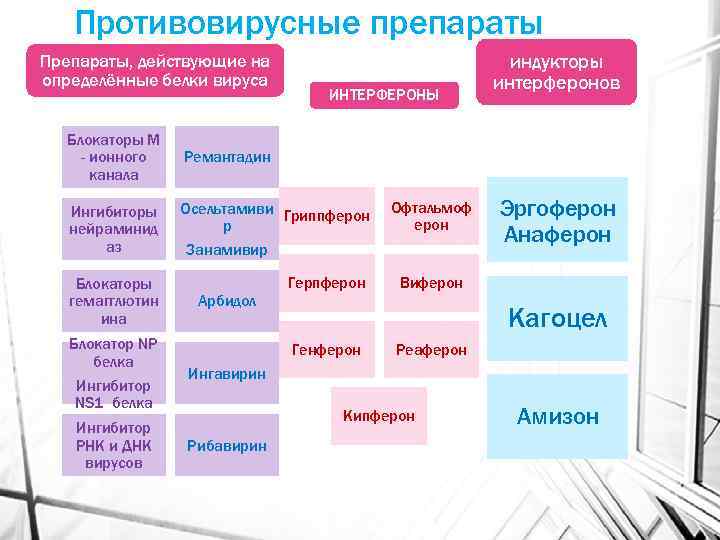 Противовирусные препараты Препараты, действующие на определённые белки вируса Блокаторы М - ионного канала ИНТЕРФЕРОНЫ