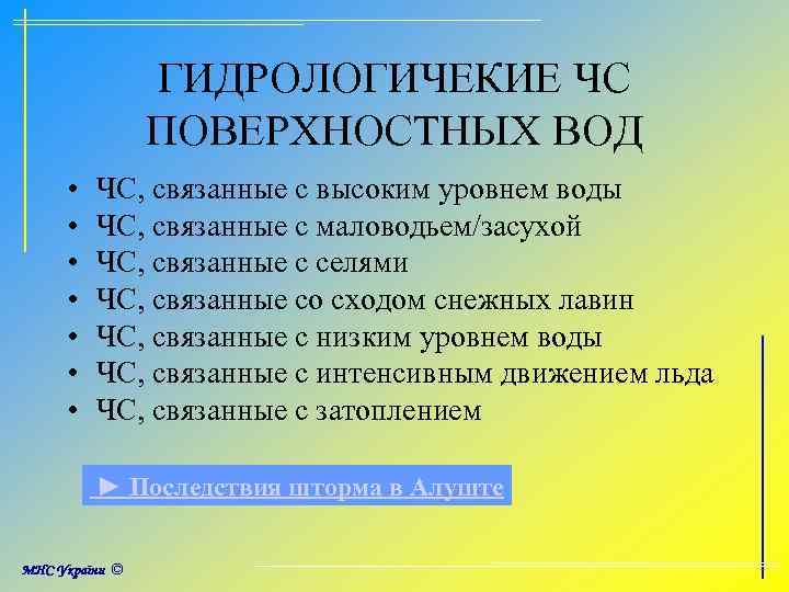 ГИДРОЛОГИЧЕКИЕ ЧС ПОВЕРХНОСТНЫХ ВОД • • ЧС, связанные с высоким уровнем воды ЧС, связанные