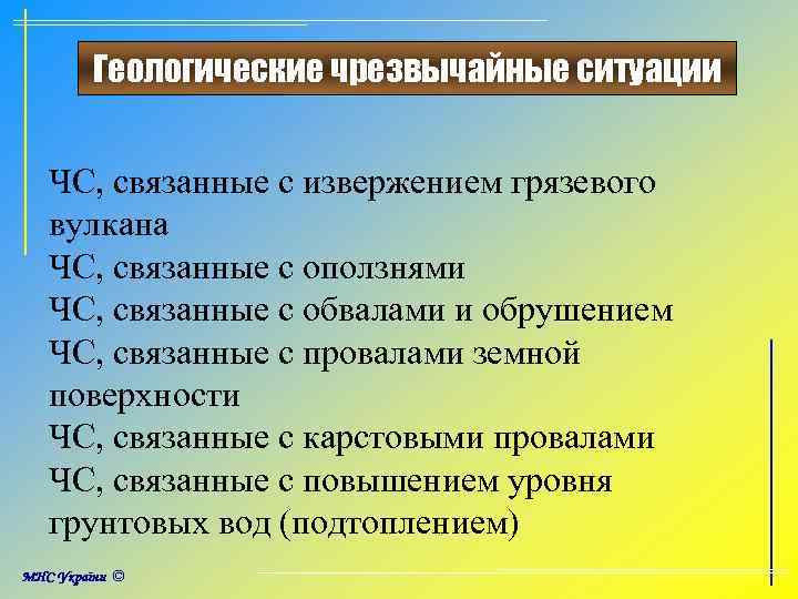 Геологические чрезвычайные ситуации ЧС, связанные с извержением грязевого вулкана ЧС, связанные с оползнями ЧС,
