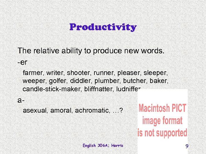 Productivity The relative ability to produce new words. -er farmer, writer, shooter, runner, pleaser,