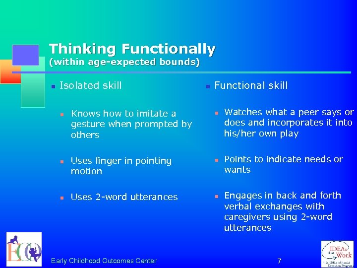 Thinking Functionally (within age-expected bounds) n Isolated skill n n n Knows how to