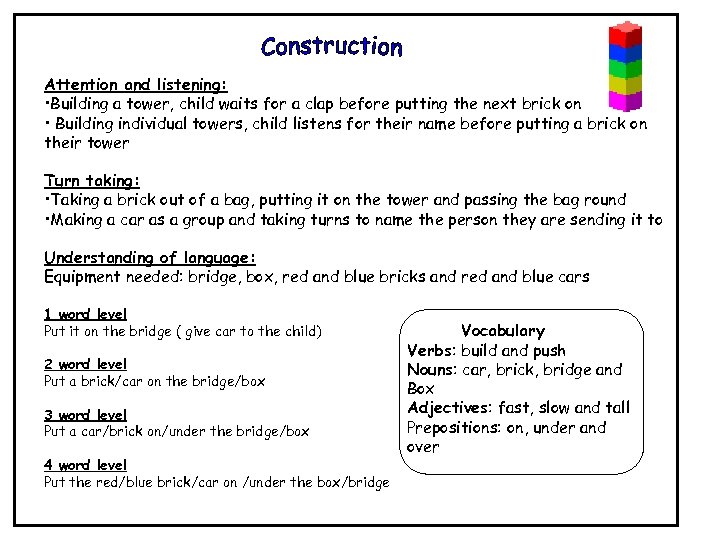 Attention and listening: • Building a tower, child waits for a clap before putting