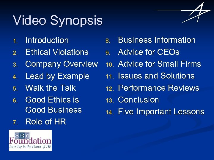 Video Synopsis 1. 2. 3. 4. 5. 6. 7. Introduction Ethical Violations Company Overview