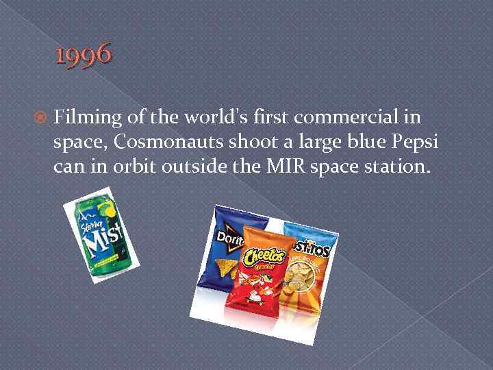 1996 Filming of the world's first commercial in space, Cosmonauts shoot a large blue