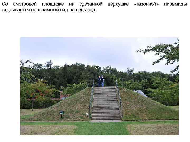 Со смотровой площадке на срезанной верхушке «газонной» пирамиды открывается панорамный вид на весь сад.