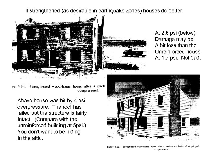 If strengthened (as desirable in earthquake zones) houses do better. At 2. 6 psi