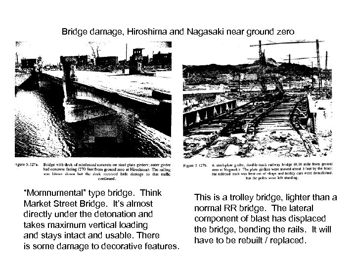 Bridge damage, Hiroshima and Nagasaki near ground zero “Momnumental” type bridge. Think Market Street