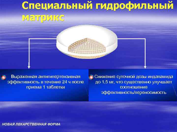 Специальный гидрофильный матрикс Выраженная антигипертензивная эффективность в течение 24 ч после приема 1 таблетки