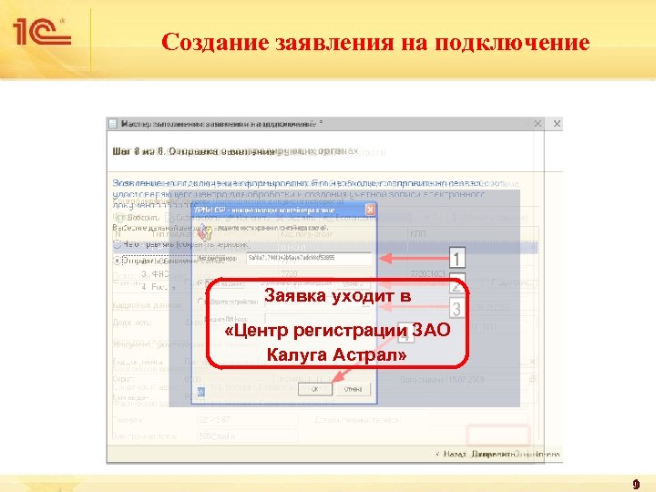 Создание заявления на подключение Заявка уходит в «Центр регистрации ЗАО Калуга Астрал» 9 