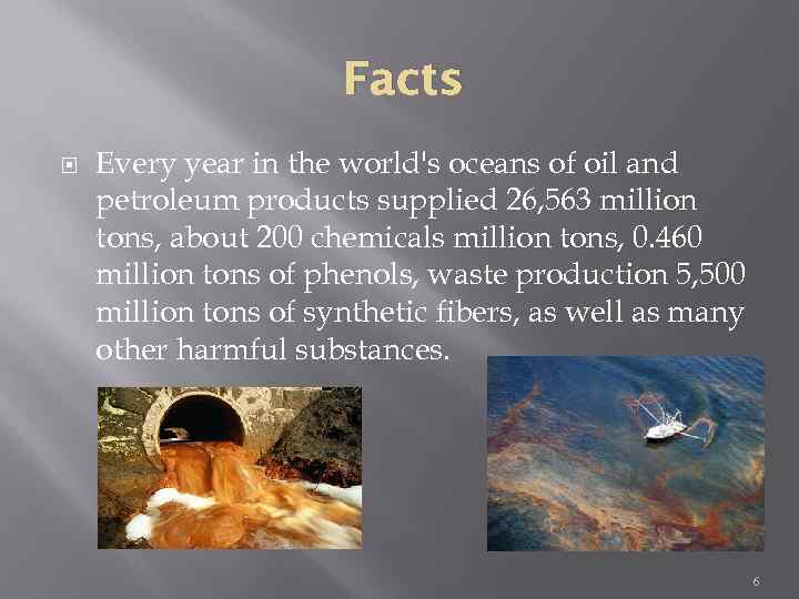 Facts Every year in the world's oceans of oil and petroleum products supplied 26,