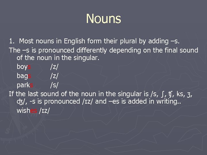 Nouns 1. Most nouns in English form their plural by adding –s. The –s