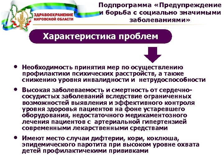 Подпрограмма «Предупреждение и борьба с социально значимыми заболеваниями» Характеристика проблем • • • Необходимость