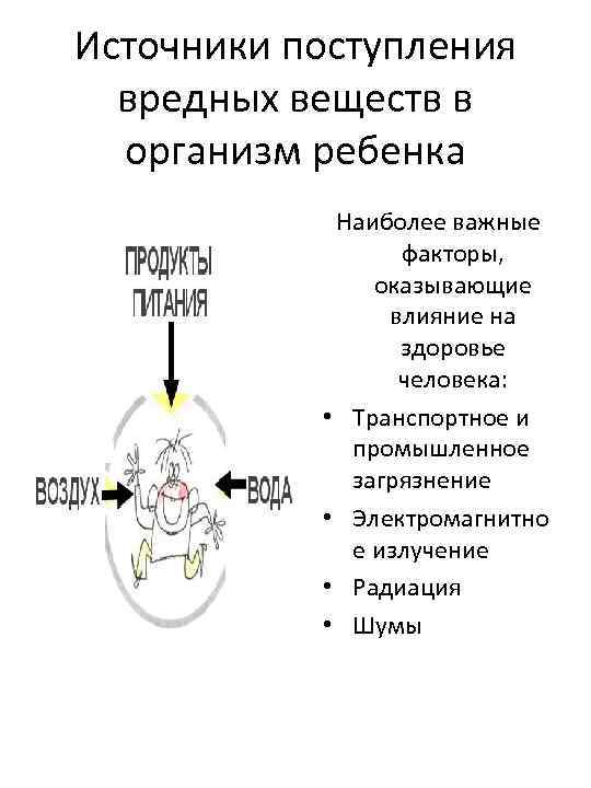 Источники поступления вредных веществ в организм ребенка Наиболее важные факторы, оказывающие влияние на здоровье