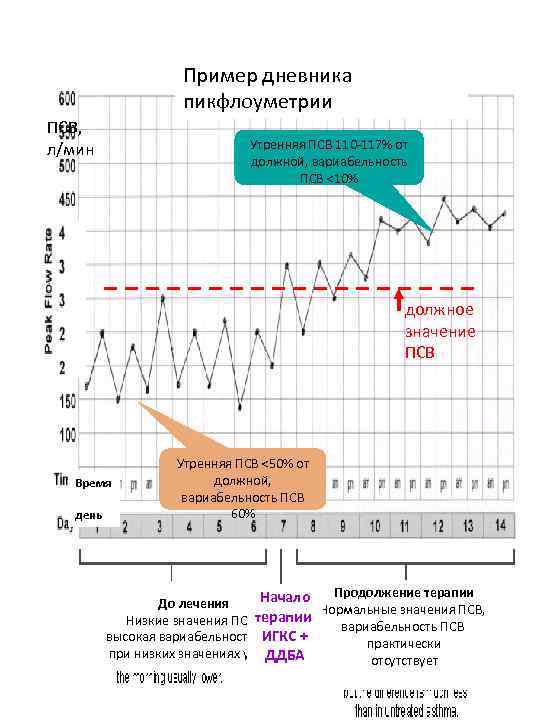 Пример дневника пикфлоуметрии ПСВ, л/мин Утренняя ПСВ 110 -117% от должной, вариабельность ПСВ <10%