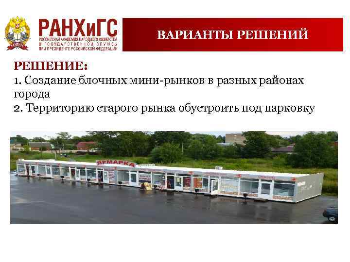 ВАРИАНТЫ РЕШЕНИЙ РЕШЕНИЕ: 1. Создание блочных мини-рынков в разных районах города 2. Территорию старого