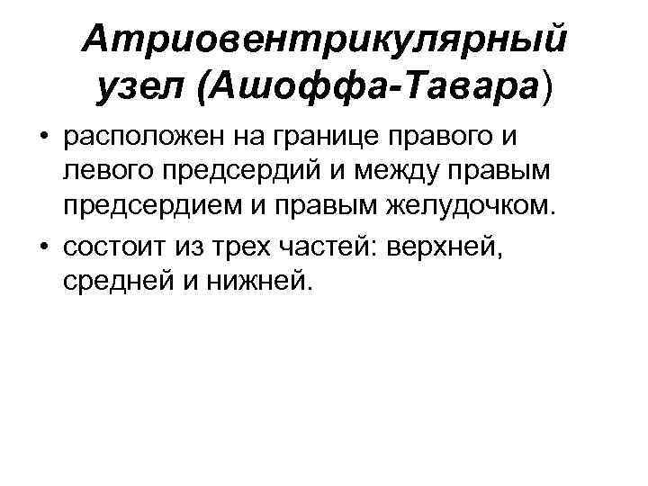 Атриовентрикулярный узел (Ашоффа-Тавара) • расположен на границе правого и левого предсердий и между правым