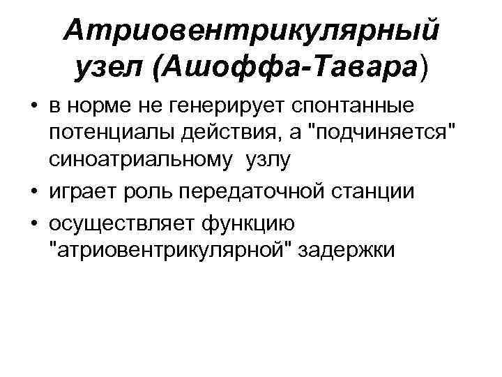 Атриовентрикулярный узел (Ашоффа-Тавара) • в норме не генерирует спонтанные потенциалы действия, а 