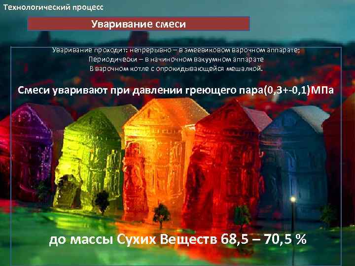 Технологический процесс Уваривание смеси Уваривание проходит: непрерывно – в змеевиковом варочном аппарате; Периодически –