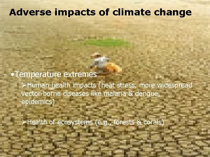Adverse impacts of climate change • Temperature extremes ØHuman health impacts (heat stress, more