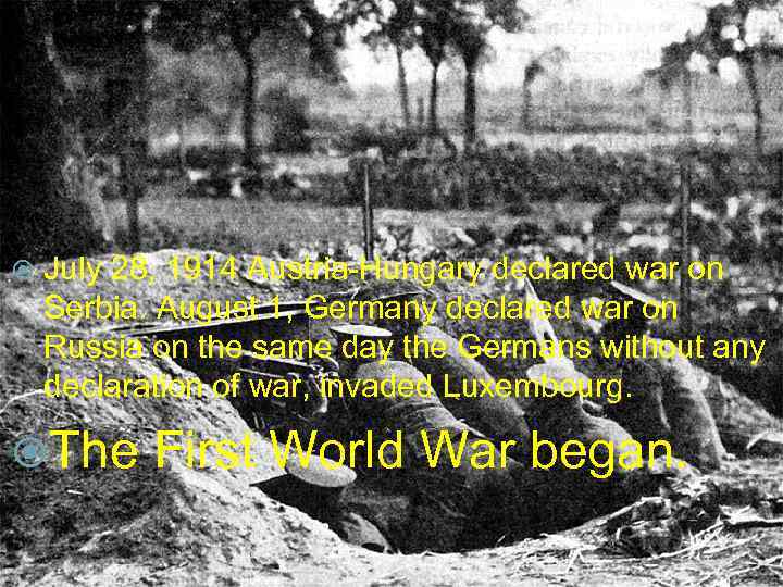  July 28, 1914 Austria-Hungary declared war on Serbia. August 1, Germany declared war