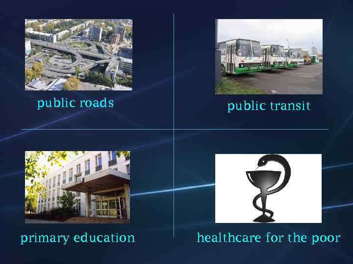 public roads public transit primary education healthcare for the poor 