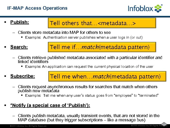 IF-MAP Access Operations § Publish: Tell others that…<metadata…> – Clients store metadata into MAP
