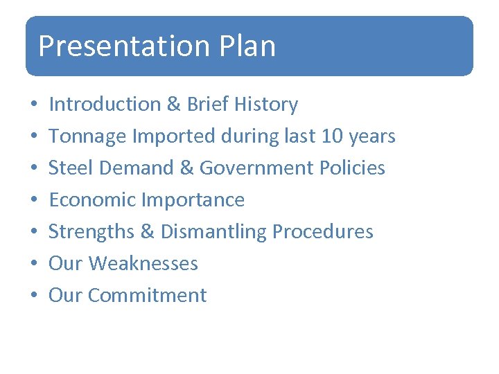 Presentation Plan • • Introduction & Brief History Tonnage Imported during last 10 years