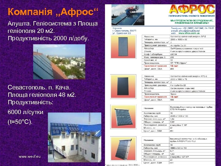 Компанія „Афрос“ Алушта. Геліосистема з Площа геліополя 20 м 2. Продуктивність 2000 л/добу. Севастополь.