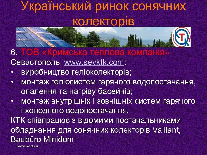 Український ринок сонячних колекторів 6. ТОВ «Кримська теплова компанія» Севастополь www. sevktk. com: •