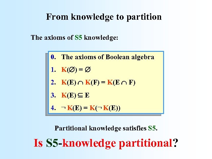 From knowledge to partition The axioms of S 5 knowledge: 0. The axioms of