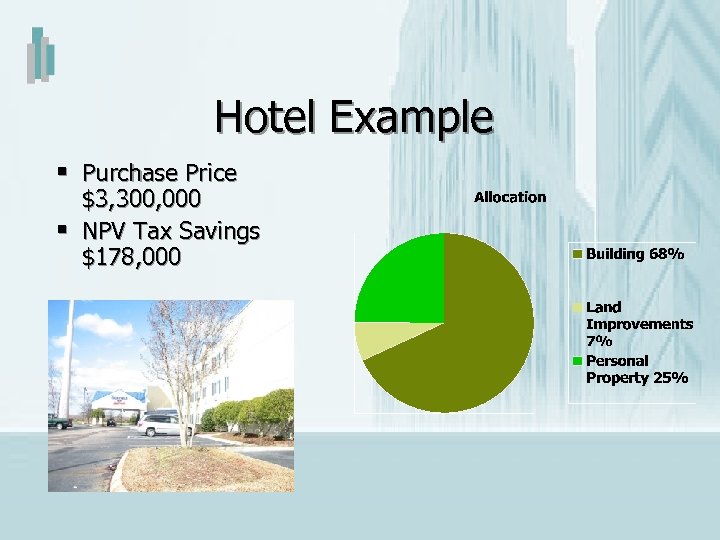 Hotel Example § Purchase Price § $3, 300, 000 NPV Tax Savings $178, 000