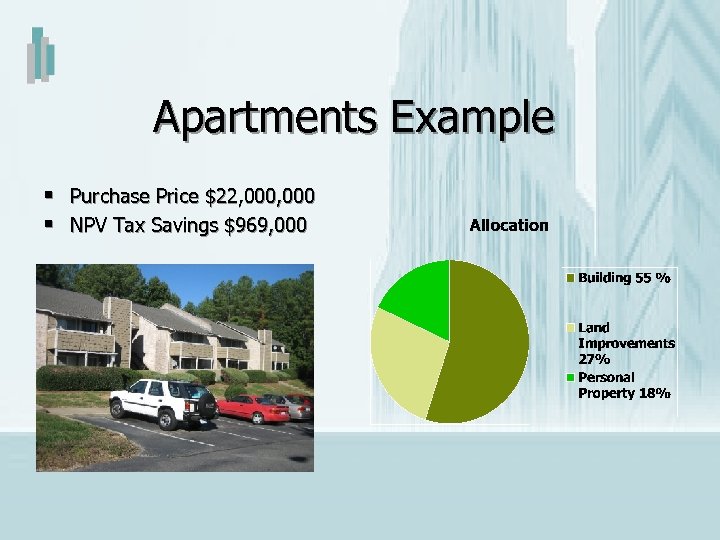 Apartments Example § Purchase Price $22, 000 § NPV Tax Savings $969, 000 