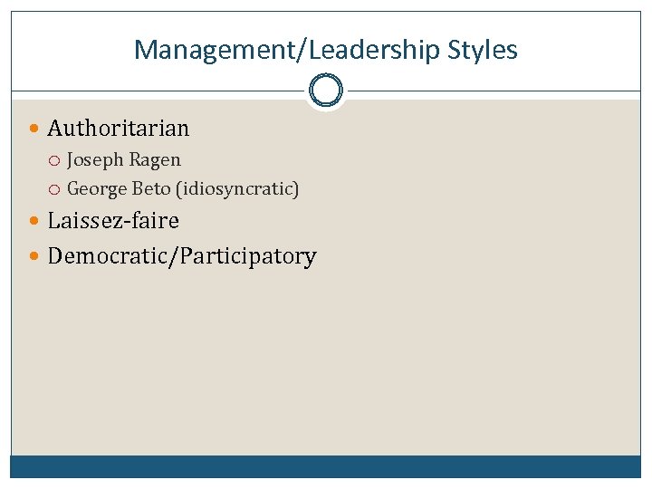 Management/Leadership Styles Authoritarian Joseph Ragen George Beto (idiosyncratic) Laissez-faire Democratic/Participatory 