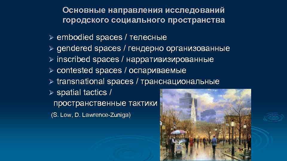 Основные направления исследований городского социального пространства embodied spaces / телесные Ø gendered spaces /