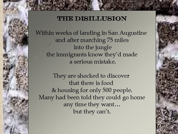 the disillusion Within weeks of landing in San Augustine and after marching 75 miles