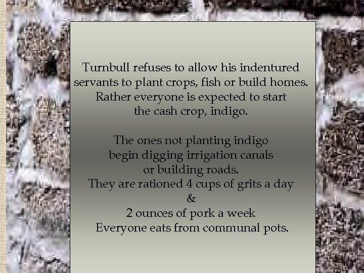 Turnbull refuses to allow his indentured servants to plant crops, fish or build homes.
