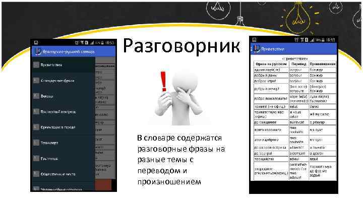 Разговорник В словаре содержатся разговорные фразы на разные темы с переводом и произношением 