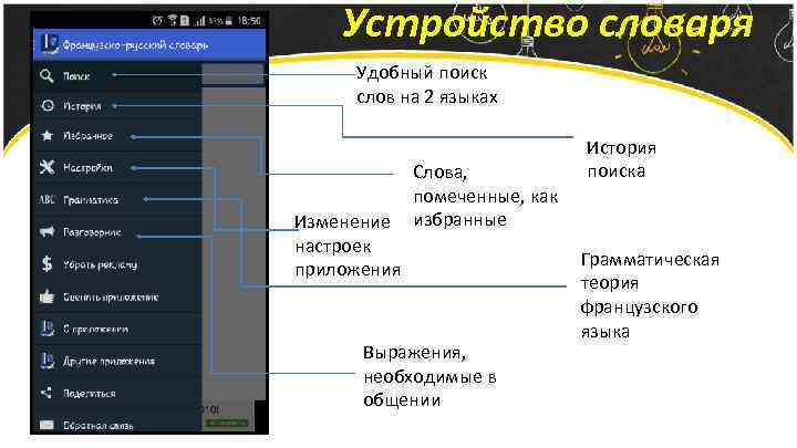 Устройство словаря Удобный поиск слов на 2 языках Изменение настроек приложения Слова, помеченные, как