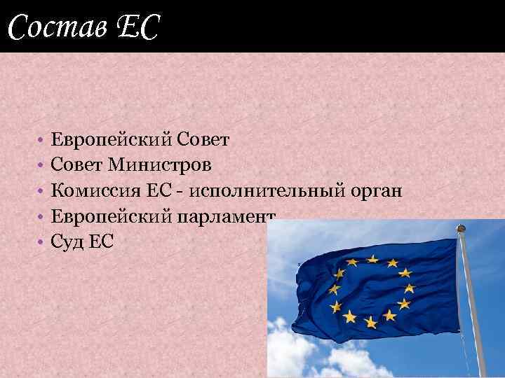 Состав ЕС • • • Европейский Совет Министров Комиссия ЕС - исполнительный орган Европейский