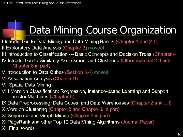 Ch. Eick: Introduction Data Mining and Course Information Data Mining Course Organization I Introduction