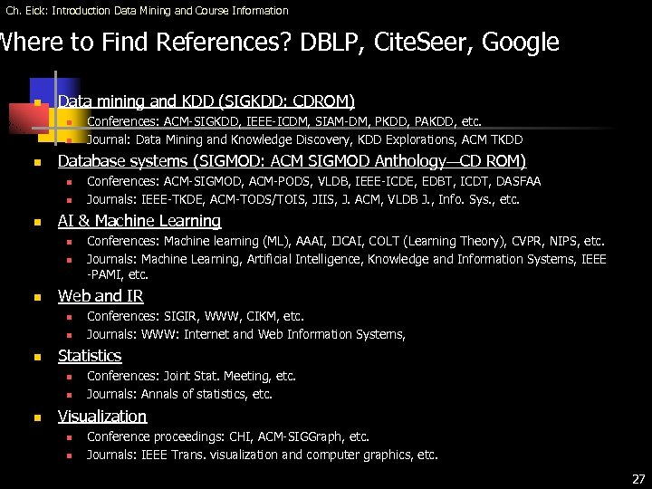 Ch. Eick: Introduction Data Mining and Course Information Where to Find References? DBLP, Cite.